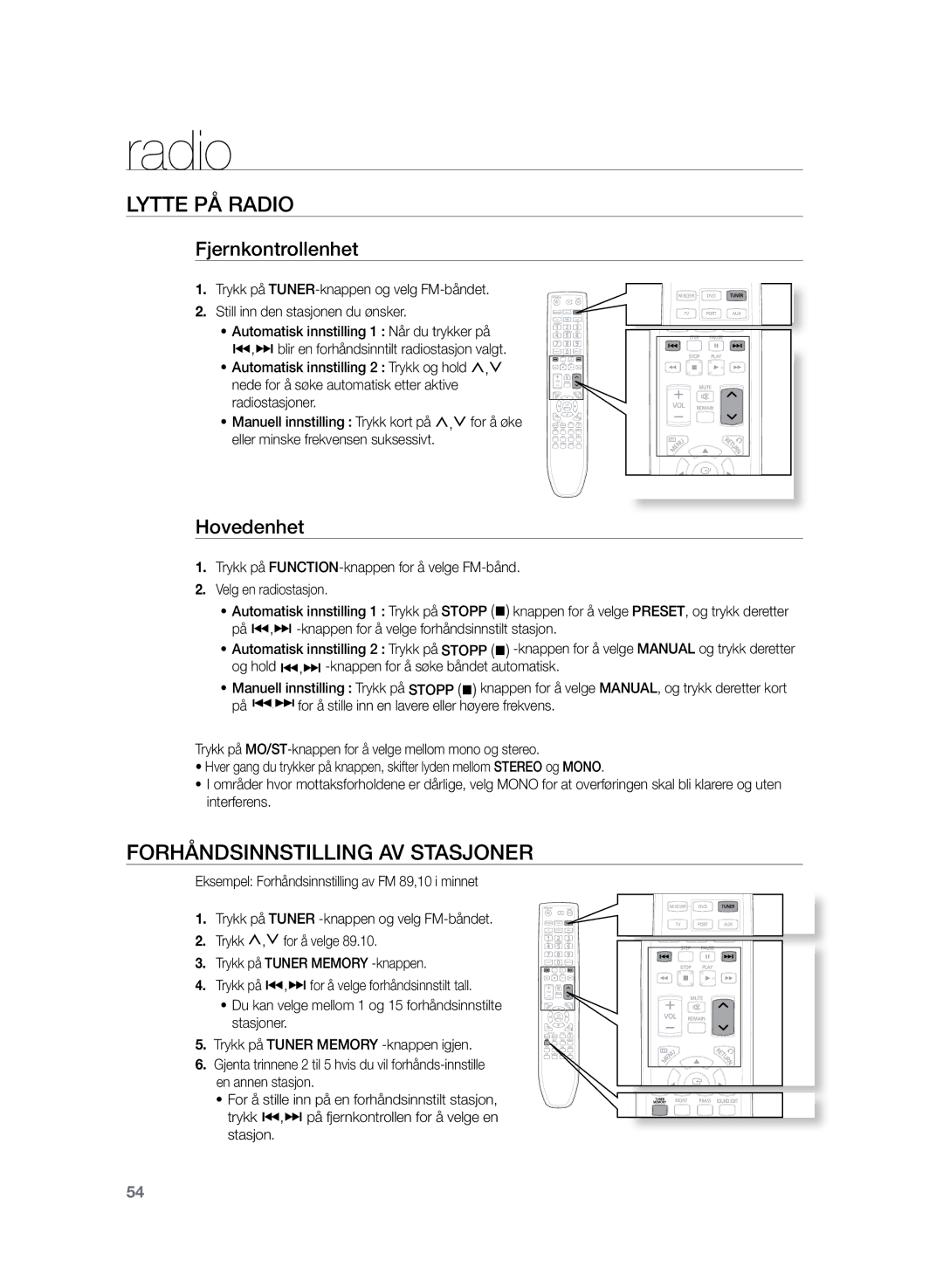 Samsung HT-TZ222R/XEE manual Radio, Lytte på radio, Forhåndsinnstilling av stasjoner, Fjernkontrollenhet, Hovedenhet 