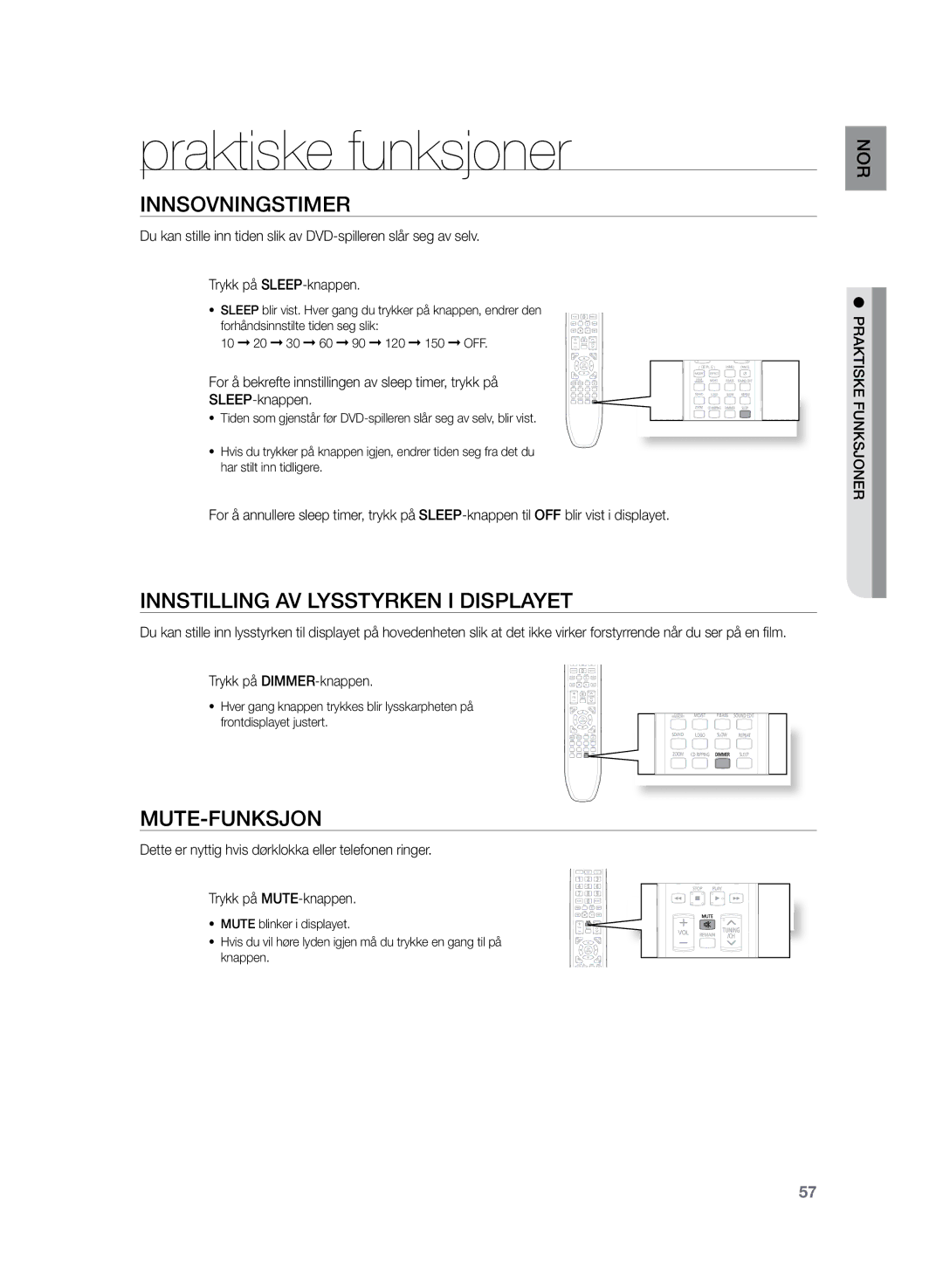 Samsung HT-TZ222R/XEE manual Praktiske funksjoner, Innsovningstimer, Innstilling av lysstyrken i displayet, Mute-funksjon 