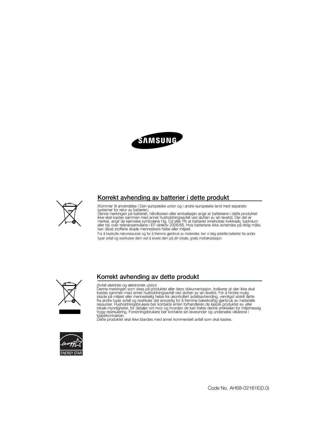 Samsung HT-TZ222R/XEE, HT-Z220R/XEE Korrekt avhending av batterier i dette produkt, Korrekt avhending av dette produkt 