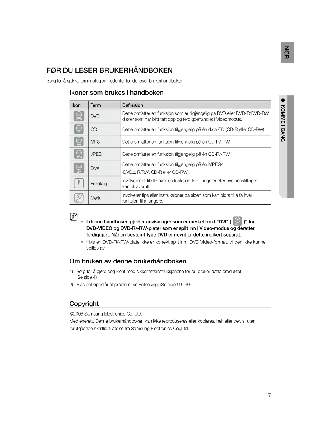 Samsung HT-Z220R/XEE manual Før du leser brukerhåndboken, Ikoner som brukes i håndboken, Om bruken av denne brukerhåndboken 