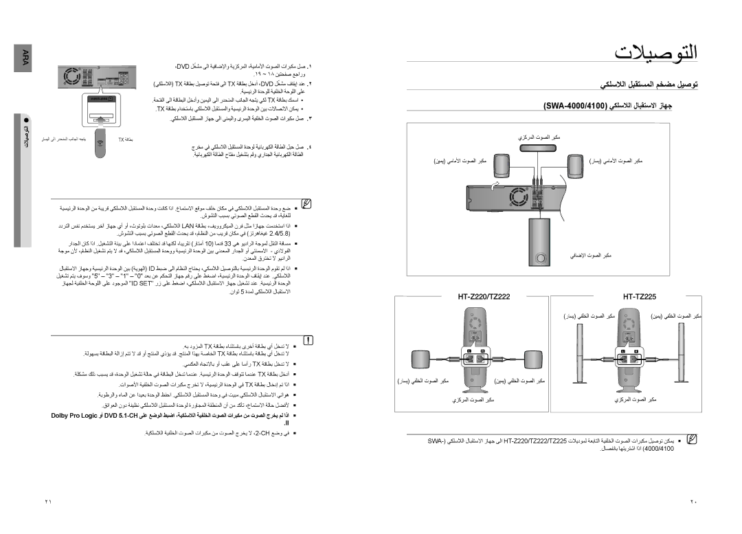 Samsung HT-Z220T/MEA, HT-TZ222R/XER, HT-TZ225T/UMG manual يكلسلالا لبقتسملا مخضم ليصوت, SWA-4000/4100 يكلسلالا لابقتسلاا زاهج 