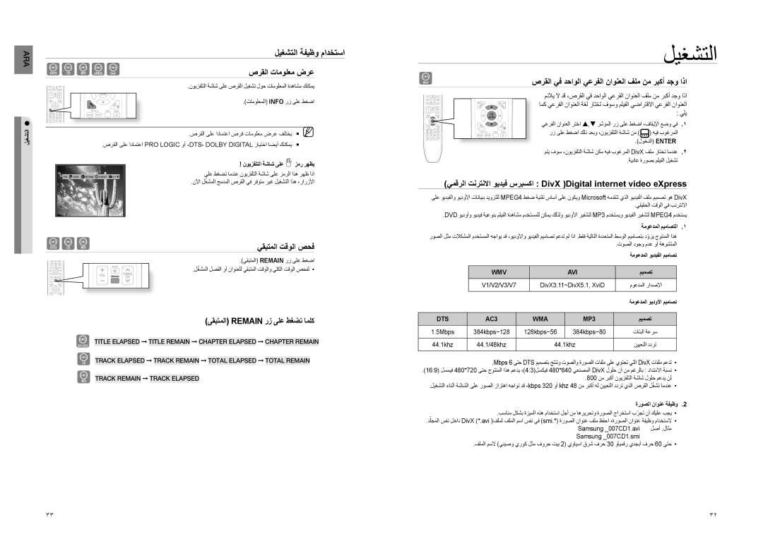 Samsung HT-TZ222T/MEA manual ليغشتلا ةفيظو مادختسا, صرقلا تامولعم ضرع, يقبتملا تقولا صحف, ىقبتملا Remain رز ىلع طغضت املك 