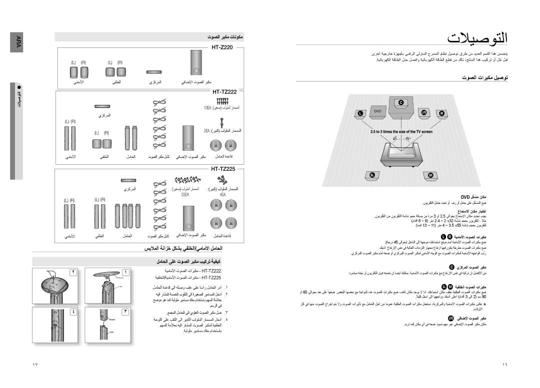 Samsung HT-TZ222R/XER manual تلايصوتلا, سبلاملا ةنازخ لكشب يفلخلا/يماملأا لماحلا, توصلا تاربكم ليصوت, توصلا ربكم تانوكم 