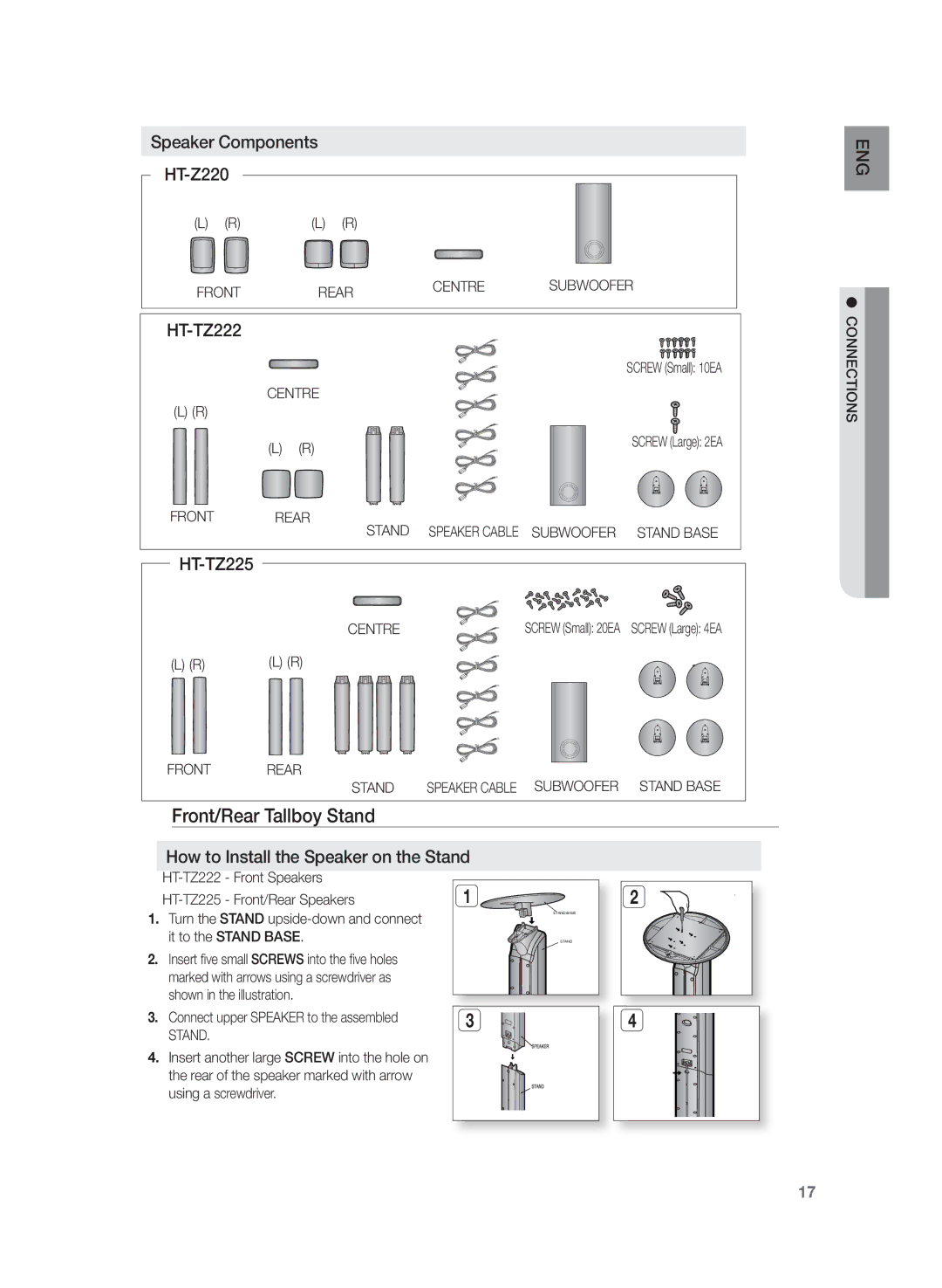 Samsung HT-TZ225R/XER, HT-TZ225RS/XER manual Front/Rear Tallboy Stand, Speaker Components HT-Z220, HT-TZ222 