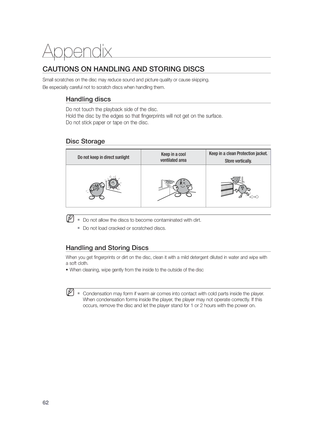 Samsung HT-TZ225RS/XER Appendix, Handling discs, Disc Storage, Handling and Storing Discs, Do not keep in direct sunlight 