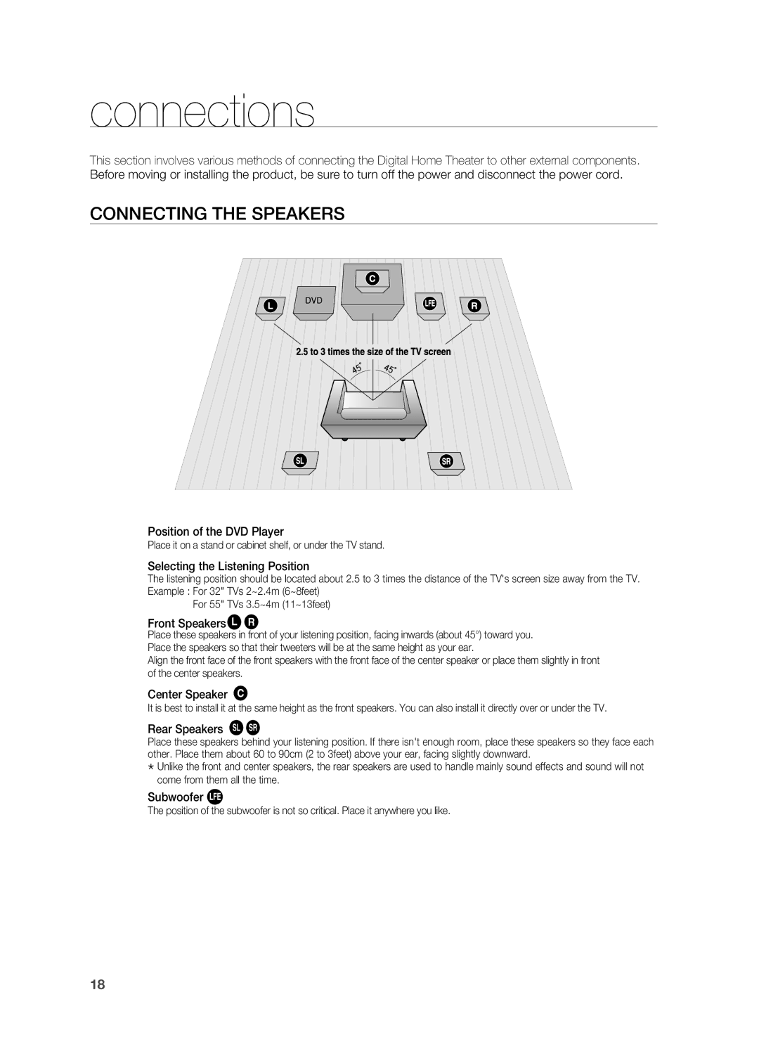 Samsung HT-TZ312, HT-Z310 manual Connections, Connecting the Speakers 