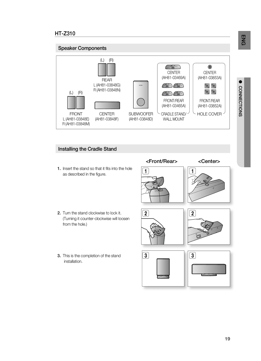 Samsung HT-Z310 manual Ht-Z310, Speaker Components, Installing the Cradle Stand Front/rear Center, AH81-03848D, AH81-03848M 