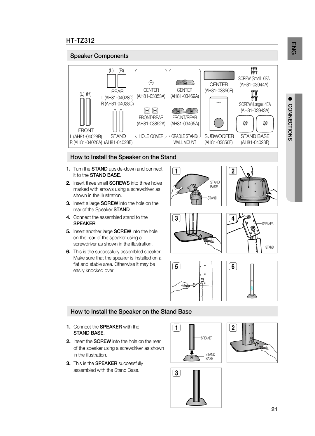 Samsung HT-Z310 manual Ht-tZ312, How to install the Speaker on the Stand EnG, How to install the Speaker on the Stand Base 