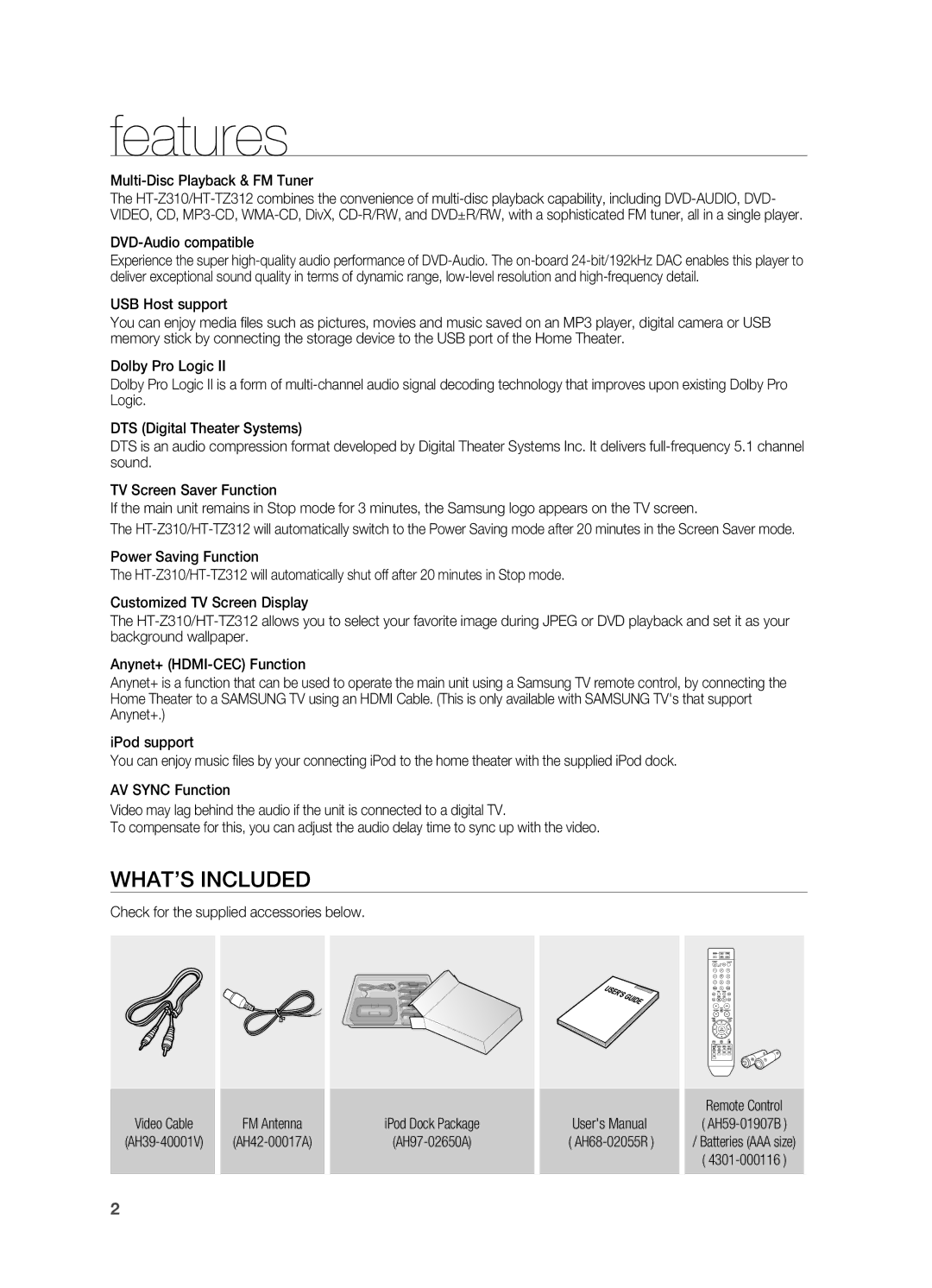 Samsung HT-TZ312 manual Features, WHat’S inCLUDED, Multi-Disc Playback & fm tuner, DVD-audio compatible, USB Host support 