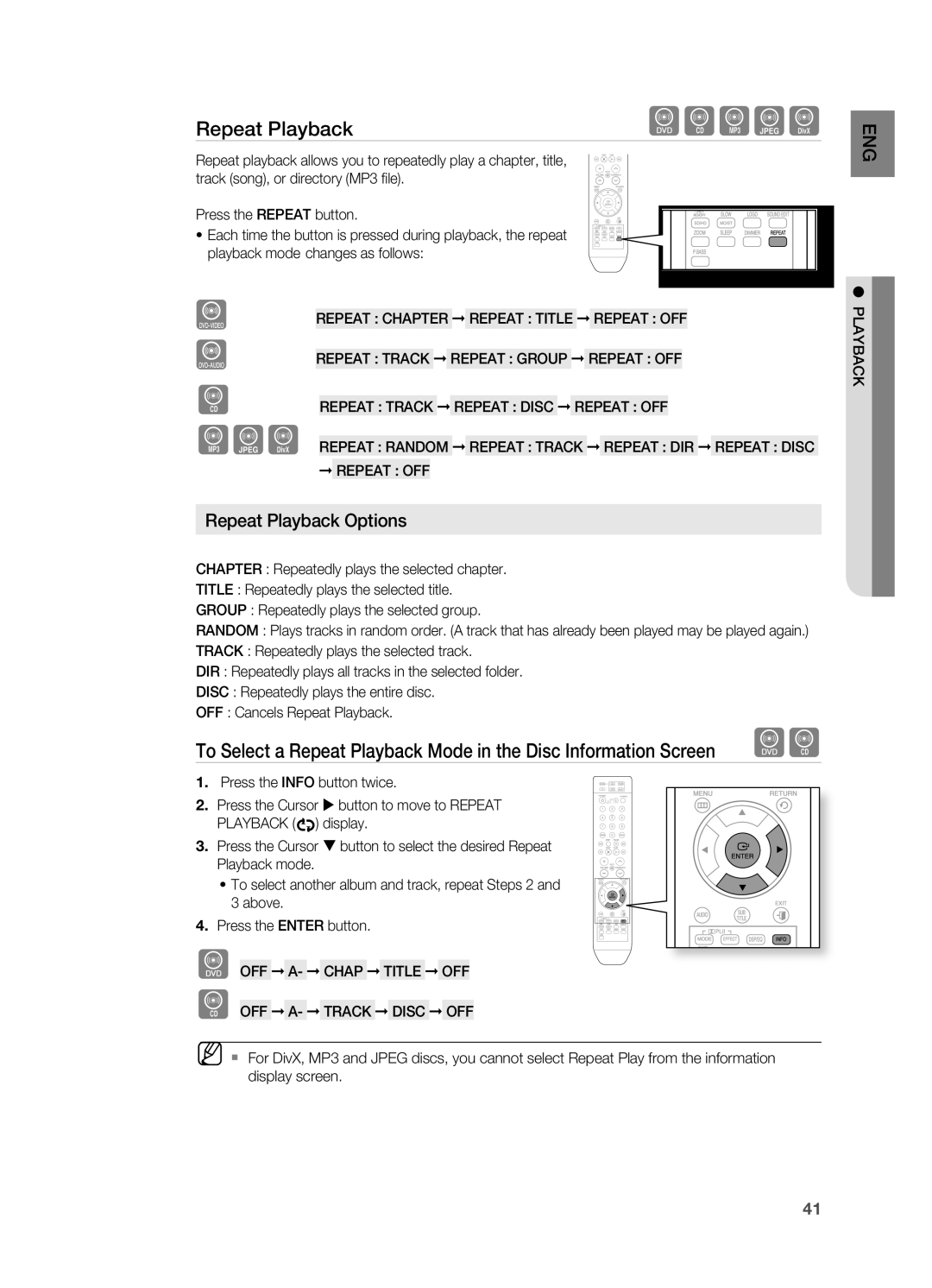 Samsung HT-Z310, HT-TZ312 manual Repeat Playback Options, REPEat CHaPtEr REPEat titLE REPEat Off 