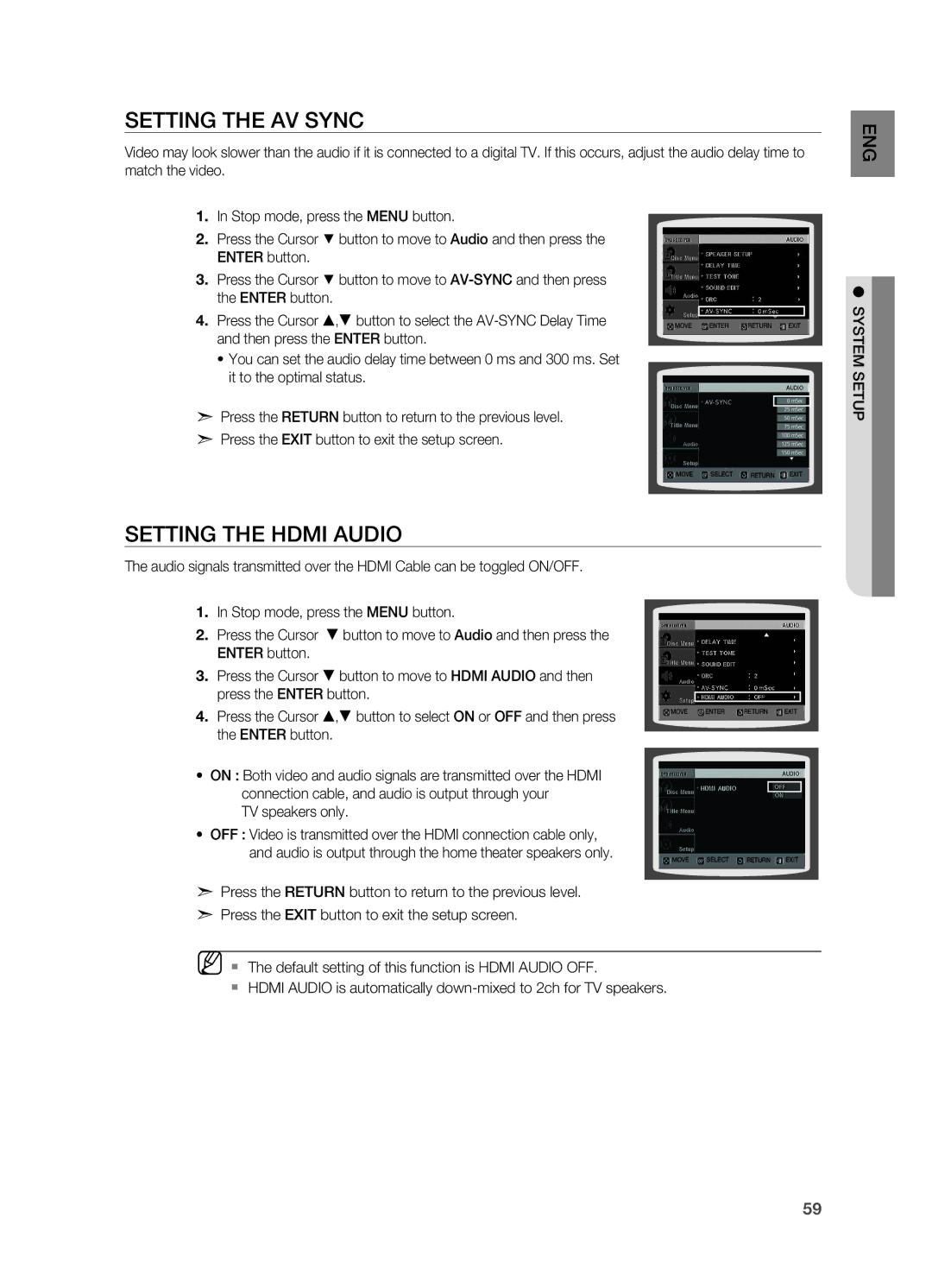 Samsung HT-Z310, HT-TZ312 manual Setting the AV Sync, Setting the Hdmi Audio 