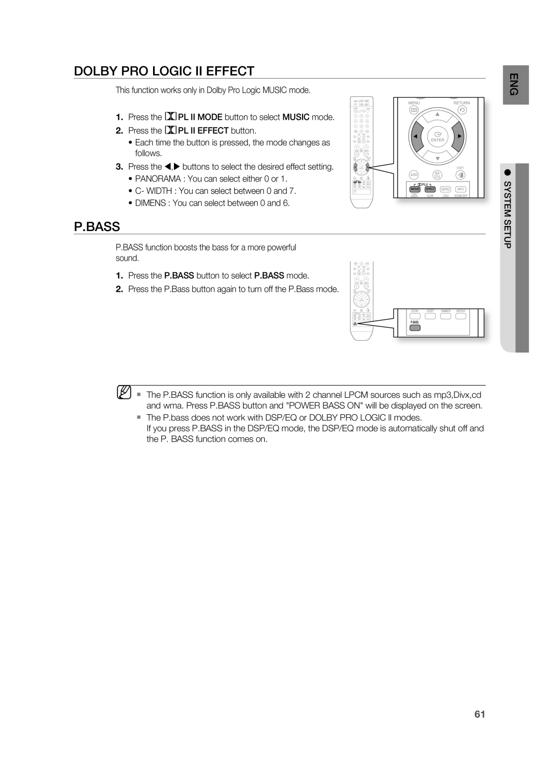 Samsung HT-Z310, HT-TZ312 manual DOLBy PrO LOGiC ii EffECt, BaSS, SyStEm SEtUP 