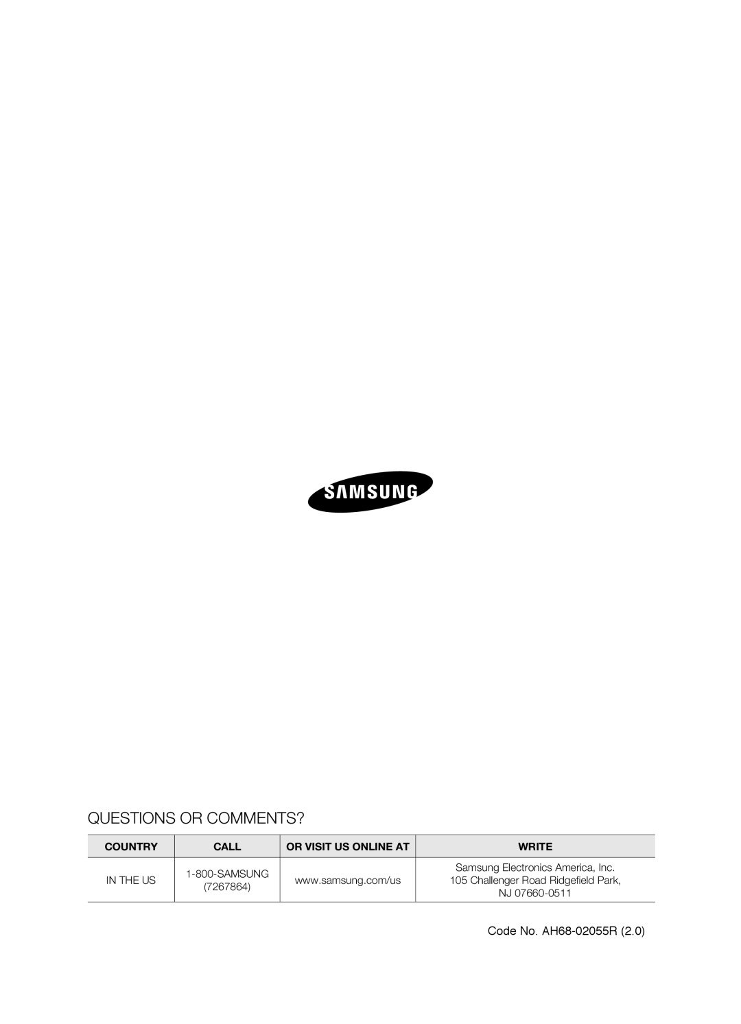 Samsung HT-TZ312, HT-Z310 manual Questions Or Comments?, Country, Call, Or Visit Us Online At, Write, In The Us, 7267864 