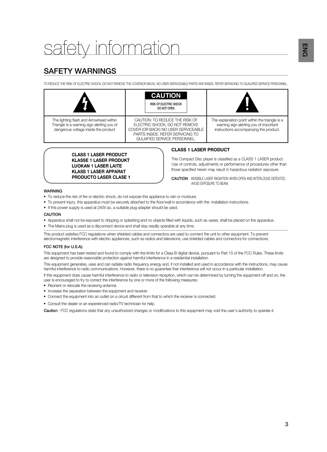 Samsung HT-Z310 safety information, Safety Warnings, CLASS 1 LASER PRODUCT KLASSE 1 LASER PRODUKT, Producto Laser Clase 