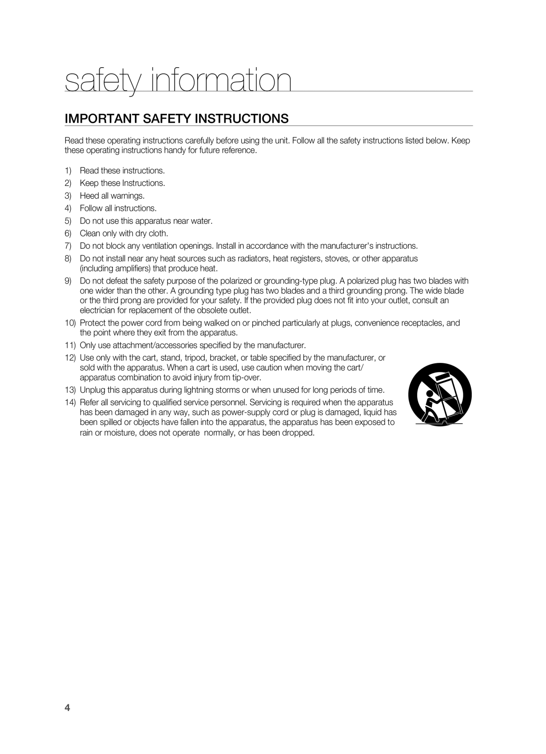 Samsung HT-TZ312, HT-Z310 manual Important Safety Instructions, safety information 