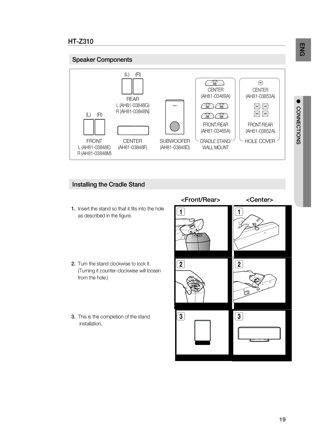 Samsung HT-TZ312 Ht-Z310, Speaker Components, Installing the Cradle Stand Front/rear Center, AH81-03848D, AH81-03848M 