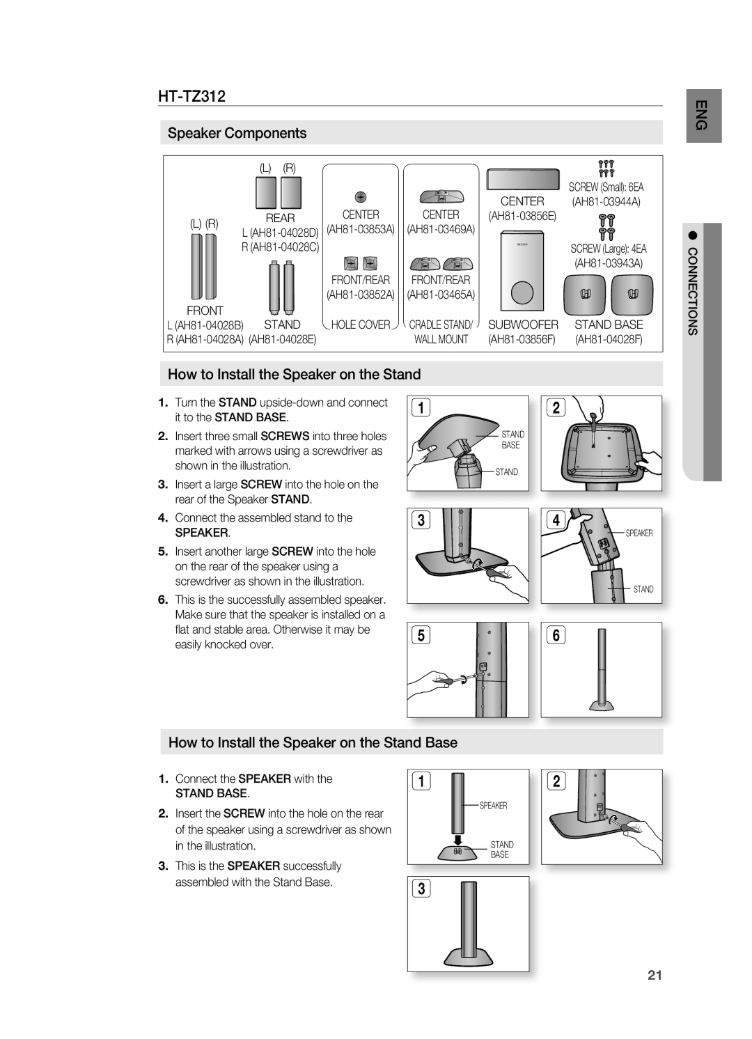 Samsung HT-TZ312 manual Ht-tZ312, How to install the Speaker on the Stand EnG, How to install the Speaker on the Stand Base 