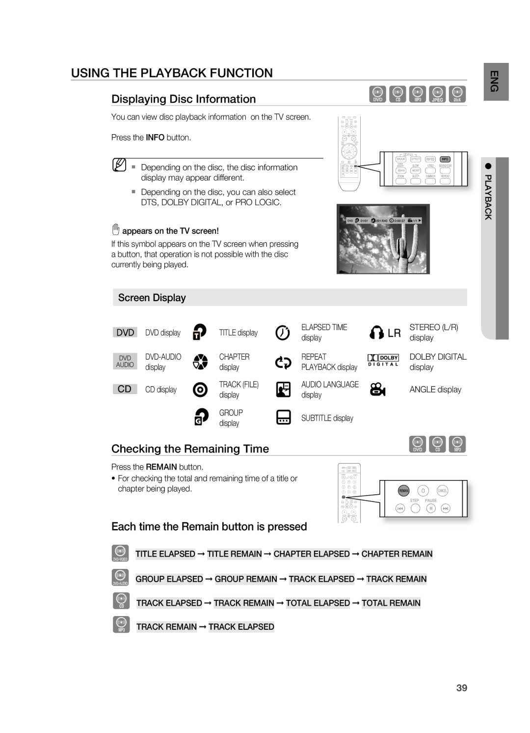 Samsung HT-TZ312 USinG tHE PLayBaCK fUnCtiOn, Displaying Disc information, Checking the remaining time, Screen Display EnG 