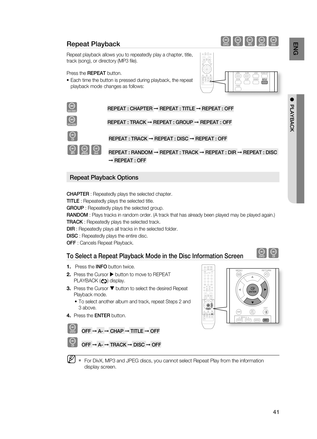 Samsung HT-TZ312 manual Repeat Playback Options, REPEat CHaPtEr REPEat titLE REPEat Off 