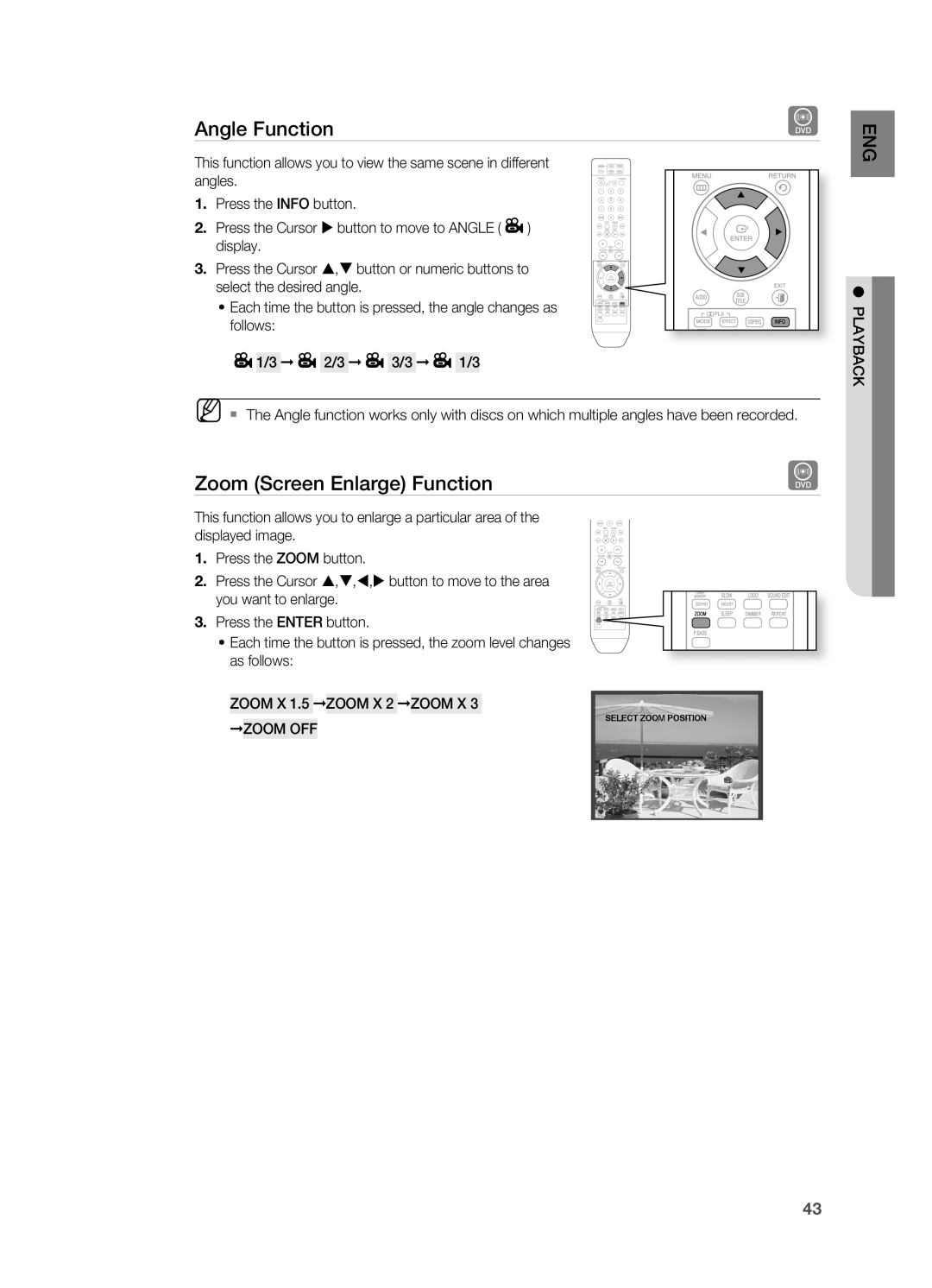 Samsung HT-TZ312 manual Angle function, Zoom Screen Enlarge function, PLayBaCK ZOOm Off 