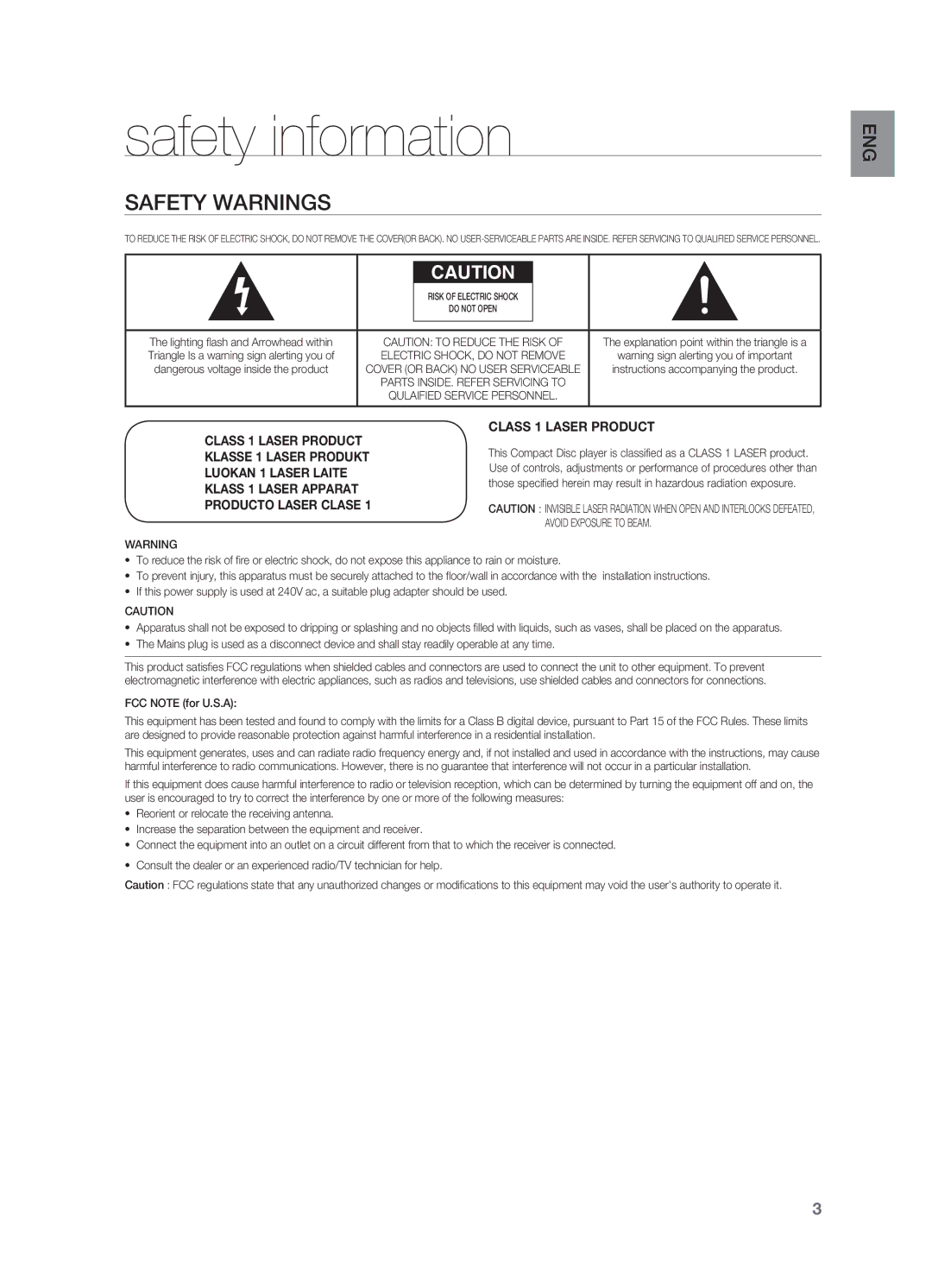 Samsung HT-TZ312 manual Safety information, Safety Warnings, EnG 