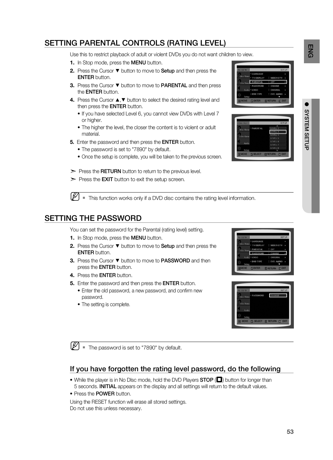 Samsung HT-TZ312 Setting Parental Controls Rating Level, Setting the Password, ` The password is set to 7890 by default 