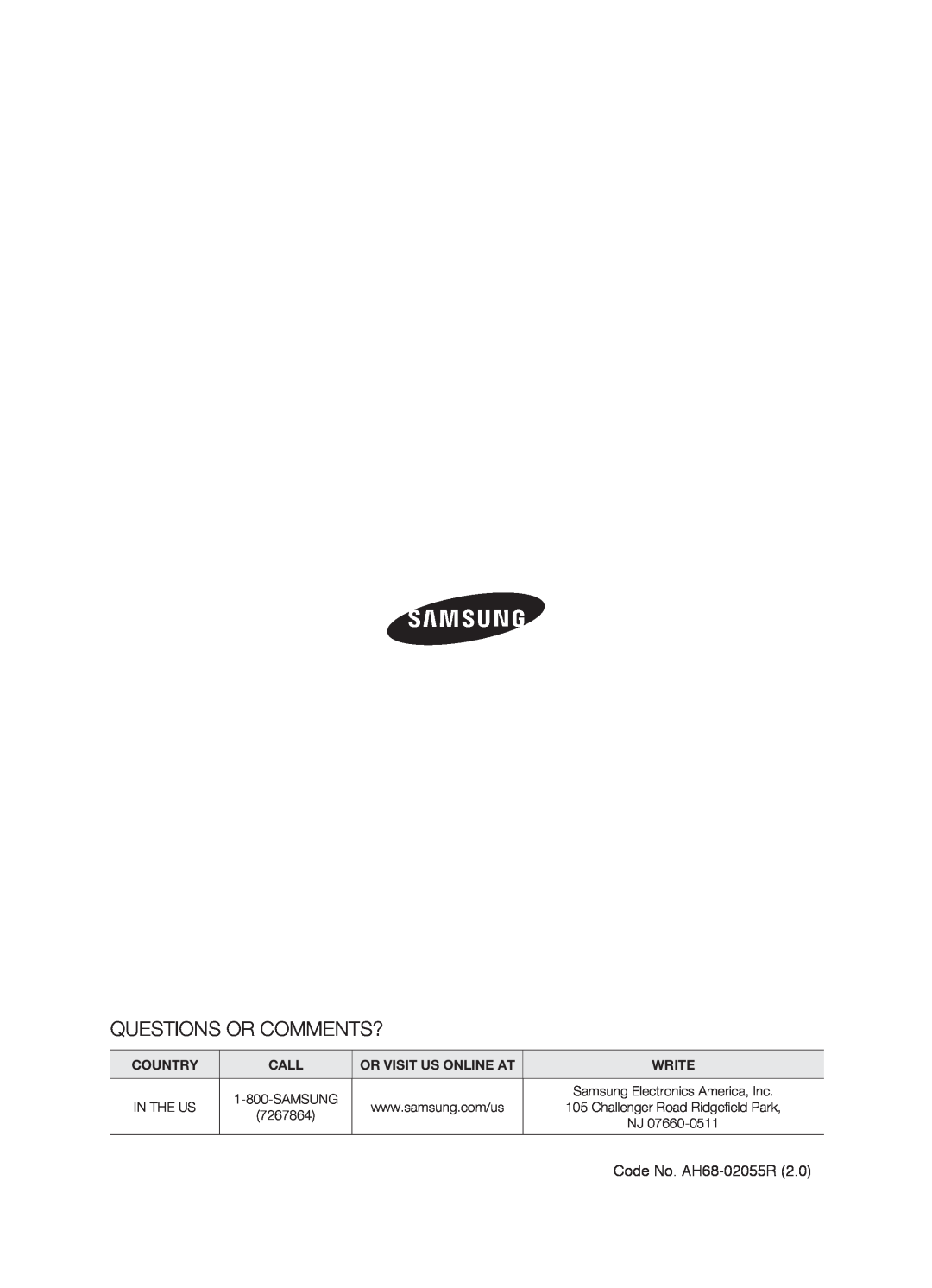Samsung HT-TZ312 manual Questions Or Comments?, Country, Call, Or Visit Us Online At, Write, In The Us, Samsung, 7267864 