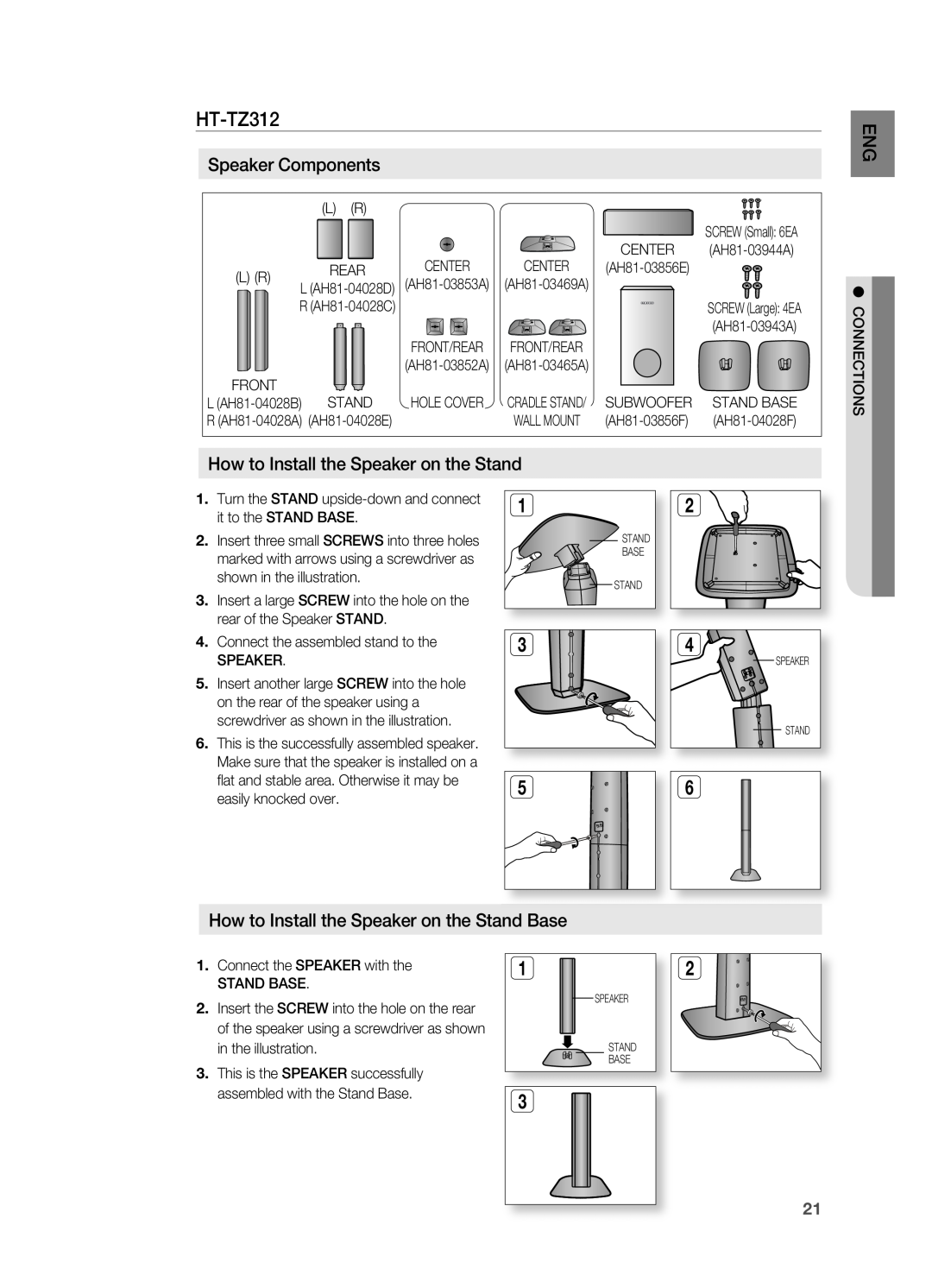 Samsung HT-TZ312 manual Ht-tZ312, How to install the Speaker on the Stand Base, Speaker Components 