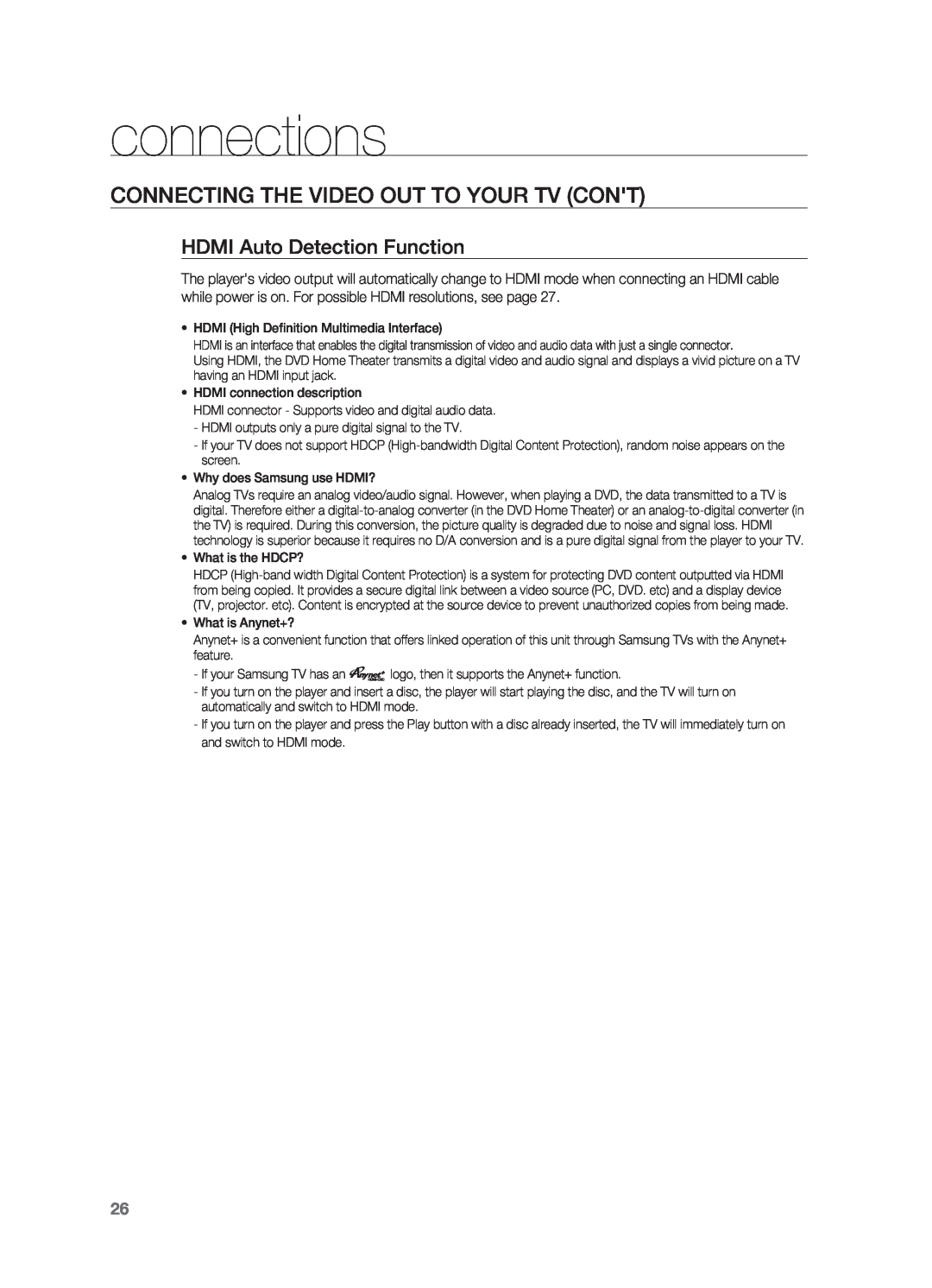 Samsung HT-TZ312 manual Connecting the Video Out to your TV CONt, HDMI Auto Detection Function, connections 