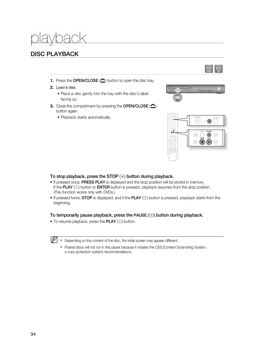 Samsung HT-TZ312 manual playback, DiSC PLayBaCK 