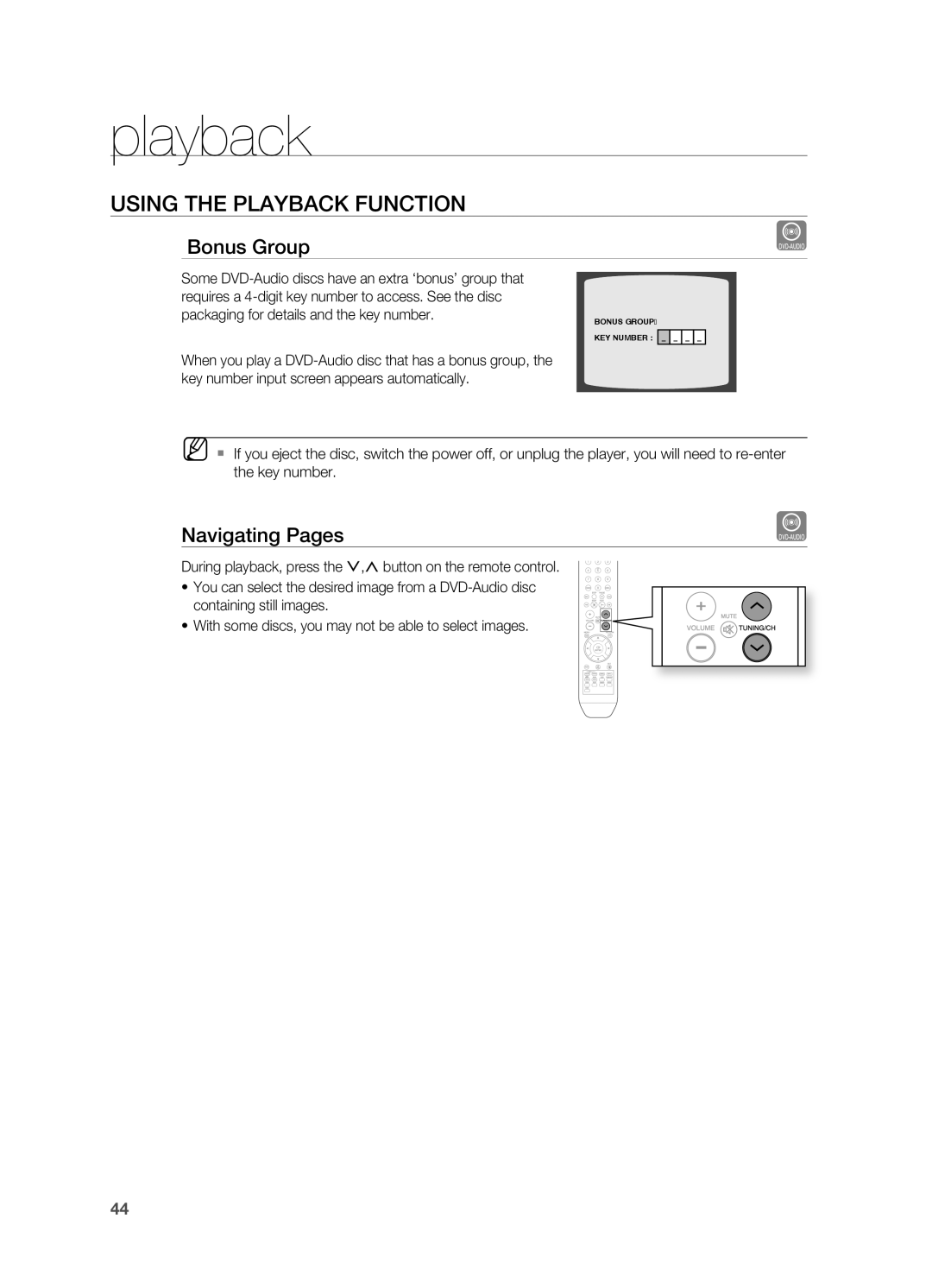 Samsung HT-TZ312 manual navigating Pages, playback, USinG tHE PLayBaCK fUnCtiOn, Bonus Group Key Number 