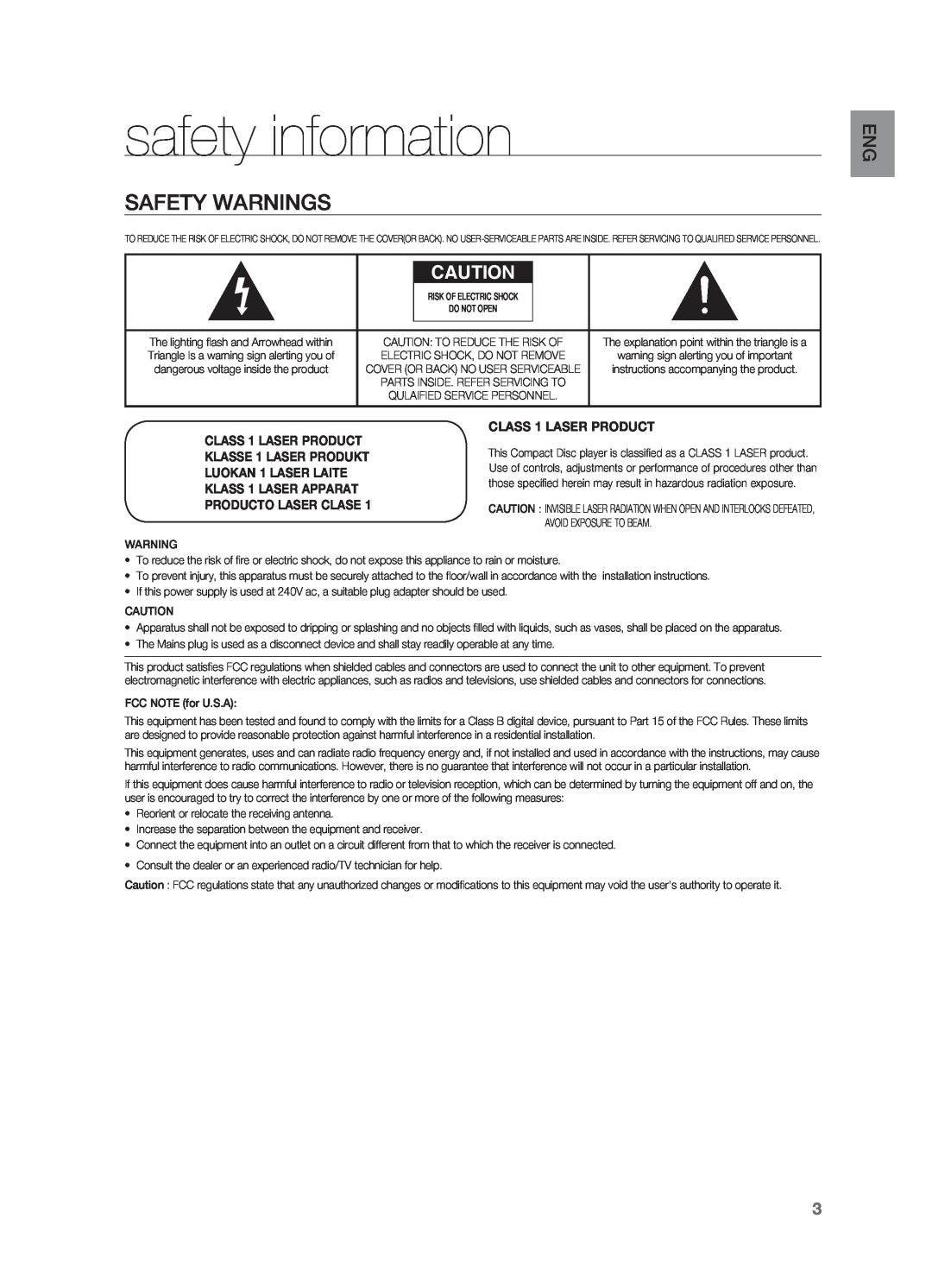 Samsung HT-TZ312 safety information, Safety Warnings, CLASS 1 LASER PRODUCT KLASSE 1 LASER PRODUKT, Producto Laser Clase 