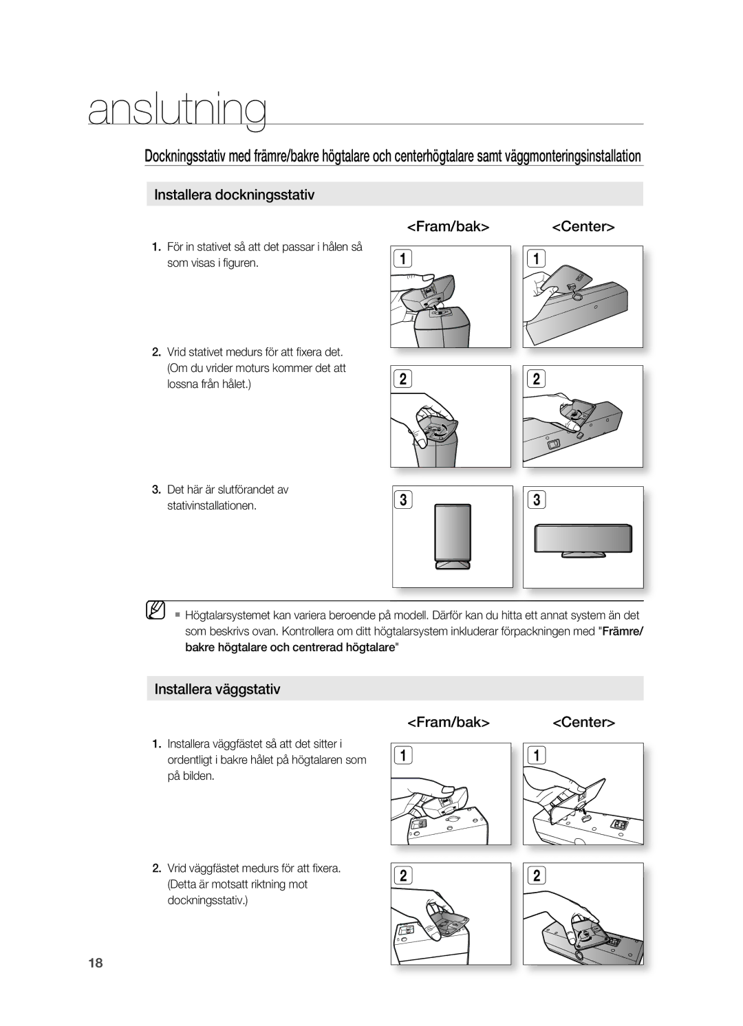 Samsung HT-Z310R/XEE, HT-TZ315R/XEE, HT-TZ212R/XEE manual Installera dockningsstativ Fram/bak Center, Installera väggstativ 