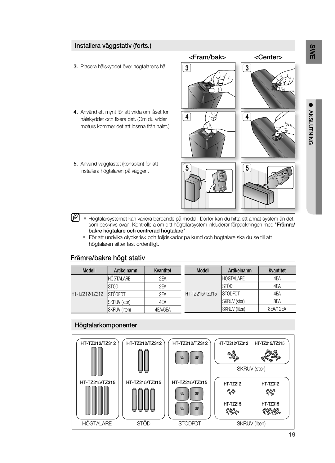 Samsung HT-TZ315R/XEE, HT-TZ212R/XEE, HT-TZ215R/XEE manual Främre/bakre högt stativ, Installera väggstativ forts, Fram/bak 