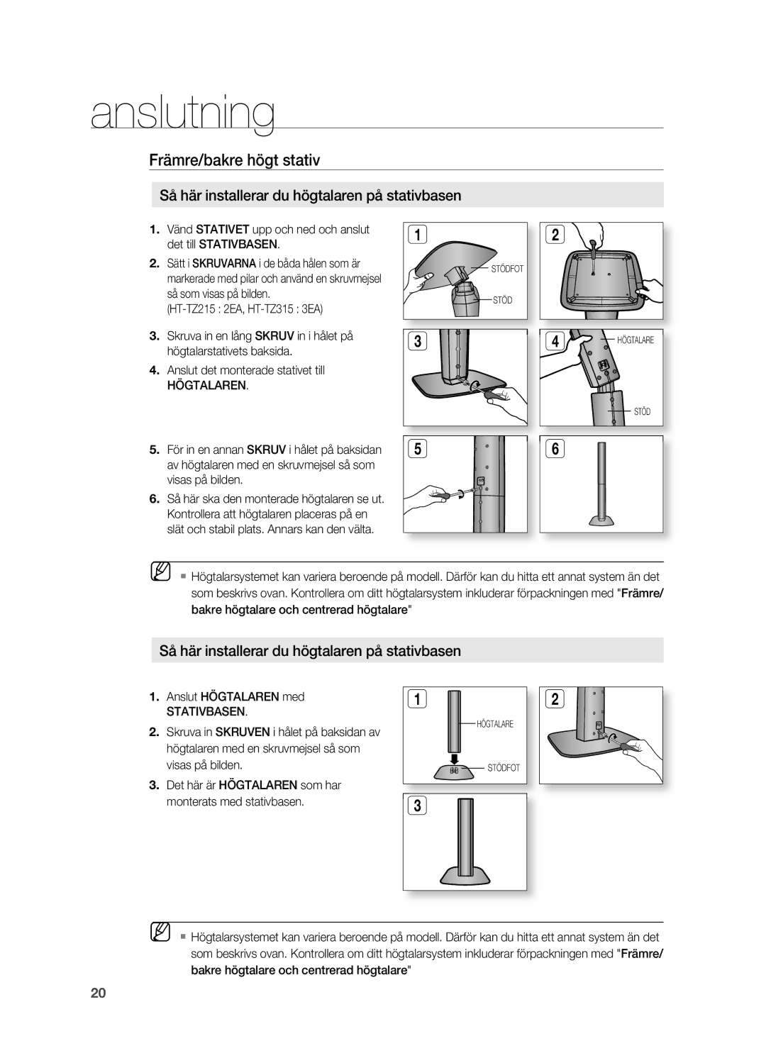 Samsung HT-TZ212R/XEE, HT-TZ315R/XEE, HT-TZ215R/XEE, HT-Z210R/XEE manual Så här installerar du högtalaren på stativbasen 