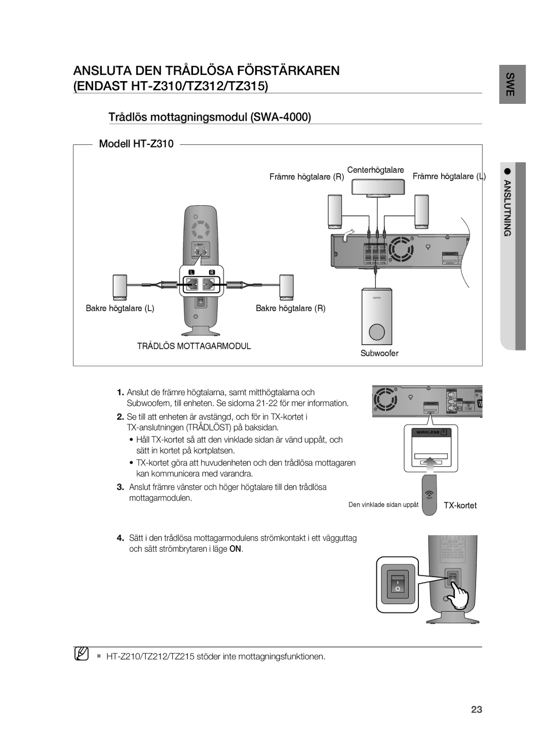 Samsung HT-Z310R/XEE Ansluta DEN Trådlösa Förstärkaren, Endast HT-Z310/TZ312/TZ315, Trådlös mottagningsmodul SWA-4000 