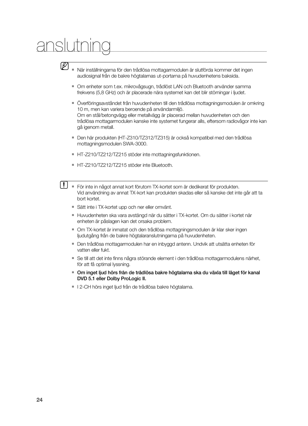 Samsung HT-TZ315R/XEE, HT-TZ212R/XEE, HT-TZ215R/XEE, HT-Z210R/XEE, HT-Z310R/XEE manual Anslutning 