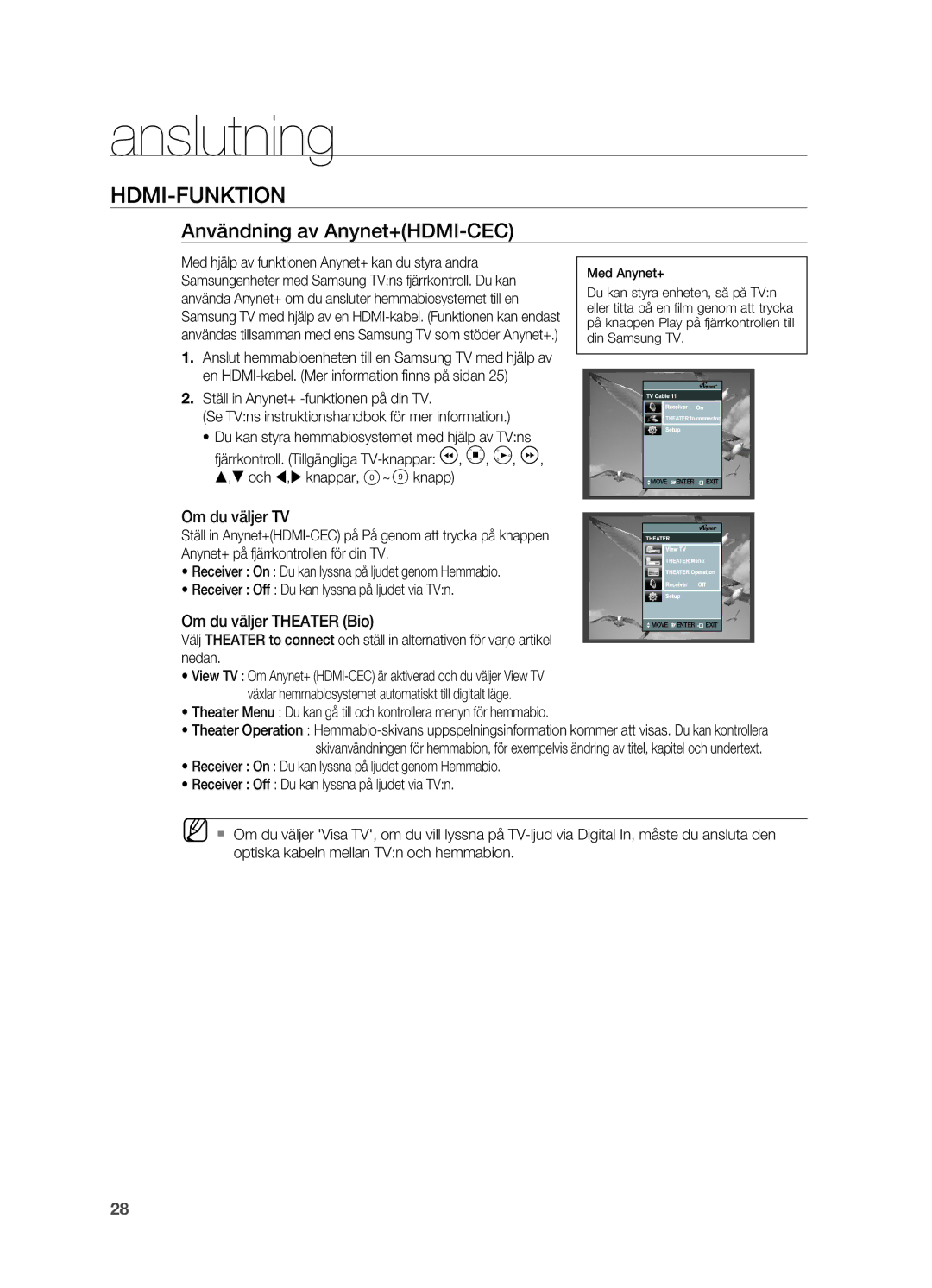 Samsung HT-Z310R/XEE, HT-Z210R/XEE HDMI-funktion, Användning av Anynet+HDMI-CEC, Om du väljer TV, Om du väljer Theater Bio 