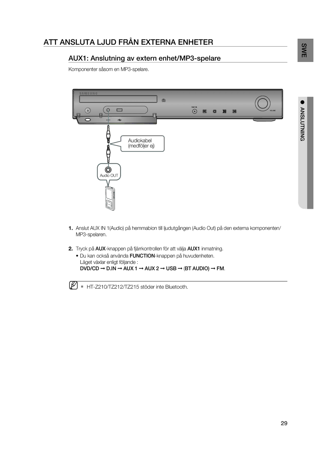 Samsung HT-TZ315R/XEE, HT-TZ212R/XEE ATT Ansluta LjUD Från Externa Enheter, AUX1 Anslutning av extern enhet/MP3-spelare 