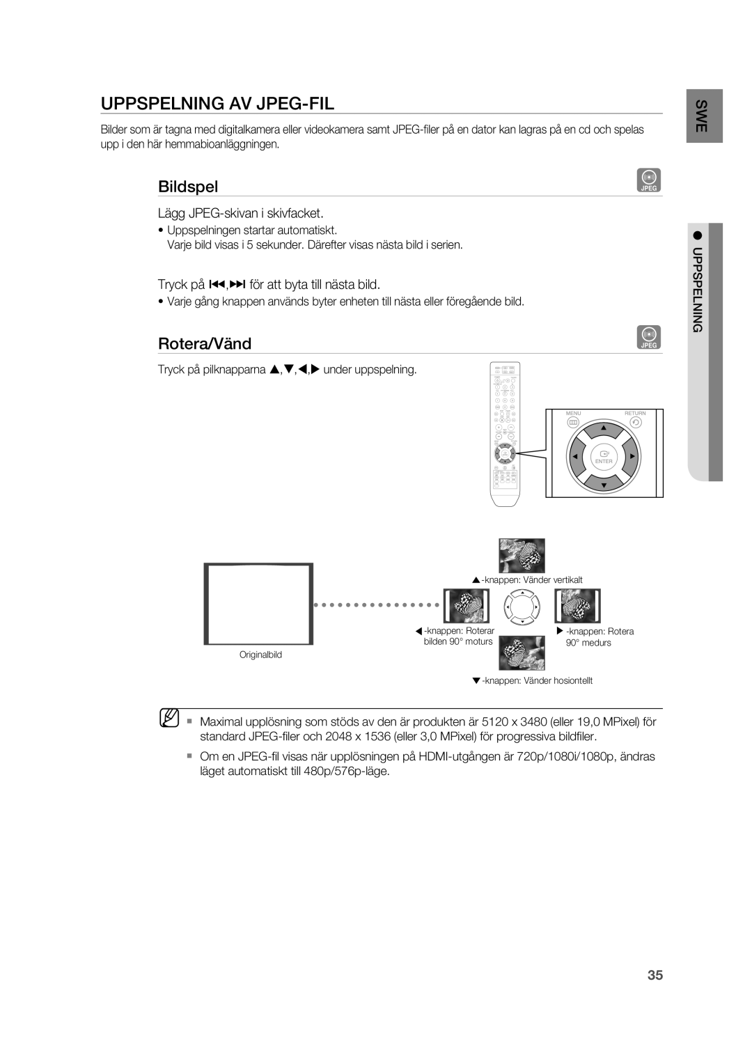 Samsung HT-TZ212R/XEE, HT-TZ315R/XEE manual Uppspelning AV jPEG-FIL, Bildspel, Rotera/Vänd, Lägg JPEG-skivan i skivfacket 