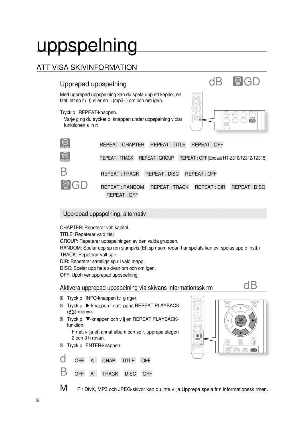 Samsung HT-TZ212R/XEE, HT-TZ315R/XEE Upprepad uppspelning, Aktivera upprepad uppspelning via skivans informationsskärm 