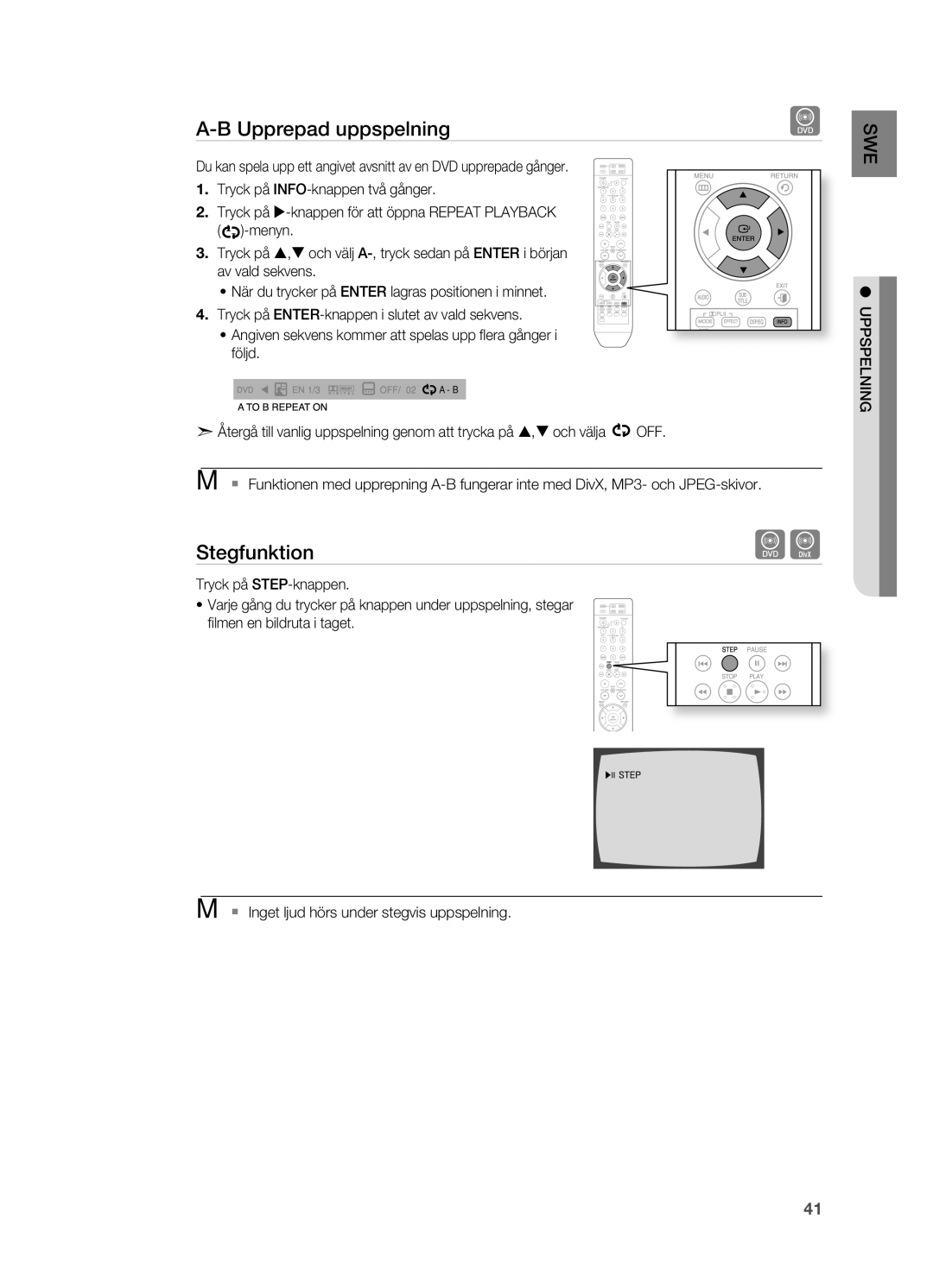 Samsung HT-TZ215R/XEE, HT-TZ315R/XEE, HT-TZ212R/XEE, HT-Z210R/XEE, HT-Z310R/XEE manual Stegfunktion 