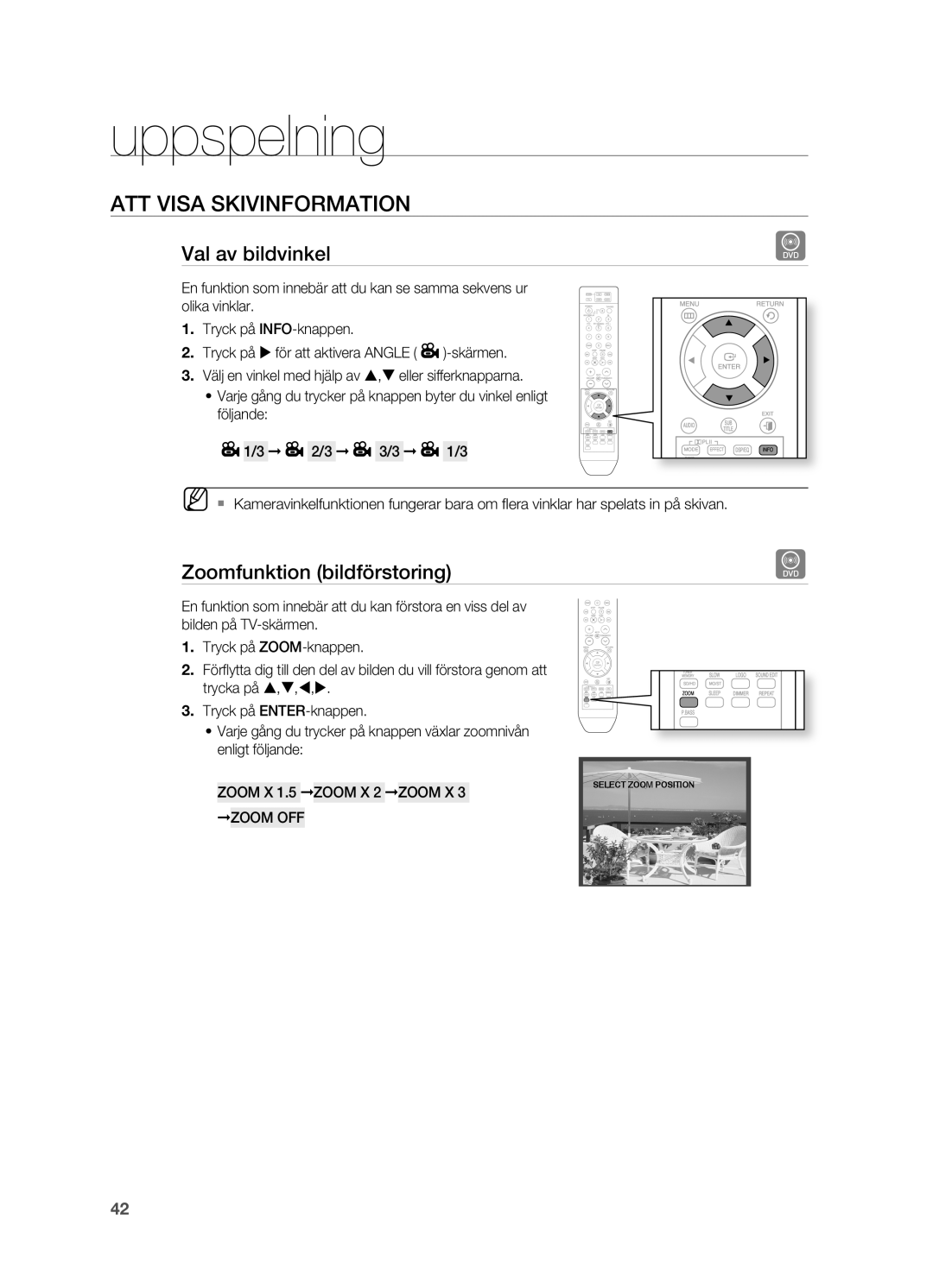 Samsung HT-Z210R/XEE, HT-TZ315R/XEE, HT-TZ212R/XEE, HT-TZ215R/XEE manual Val av bildvinkel, Zoomfunktion bildförstoring 