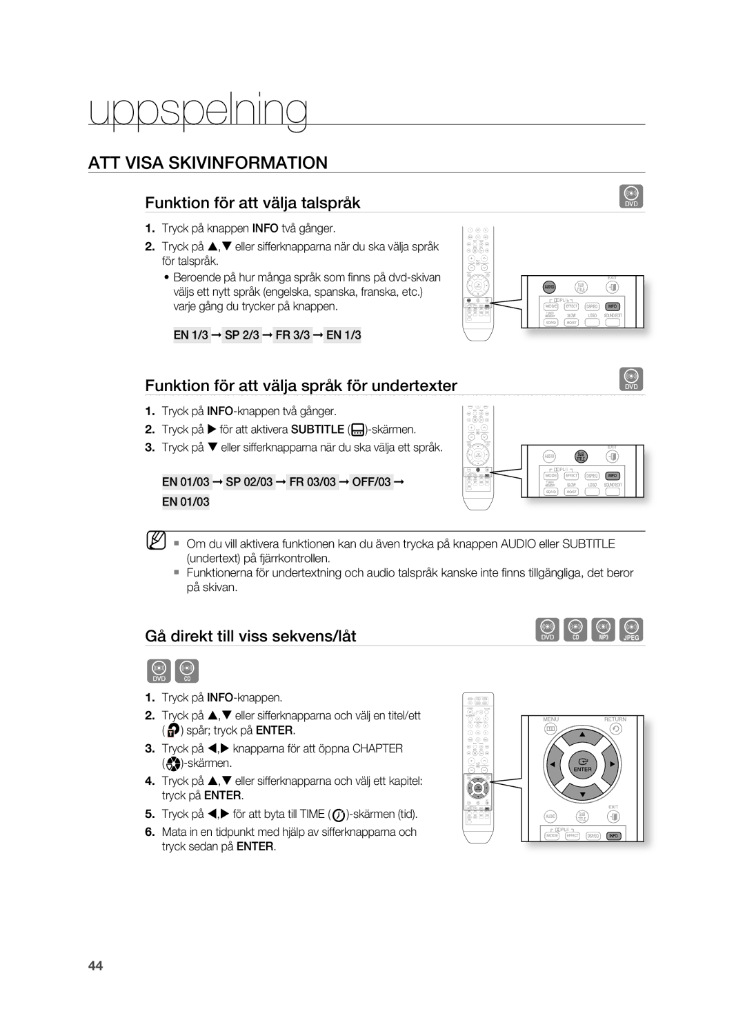 Samsung HT-TZ315R/XEE, HT-TZ212R/XEE manual Funktion för att välja talspråk, Funktion för att välja språk för undertexter 