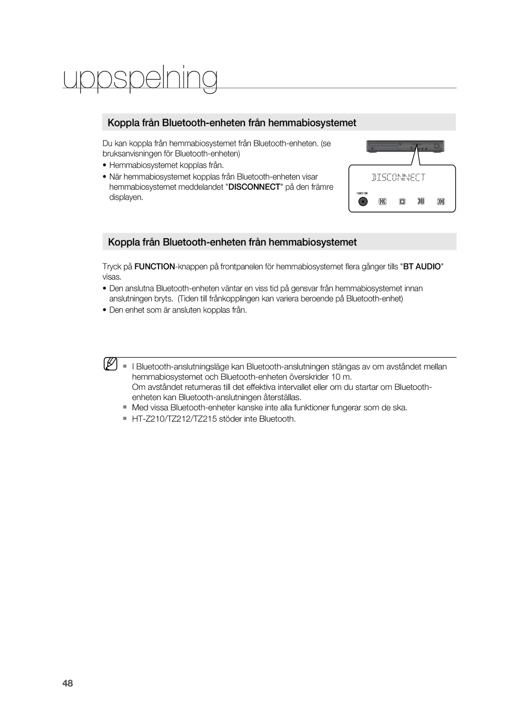 Samsung HT-Z310R/XEE, HT-TZ315R/XEE, HT-TZ212R/XEE, HT-TZ215R/XEE manual Koppla från Bluetooth-enheten från hemmabiosystemet 