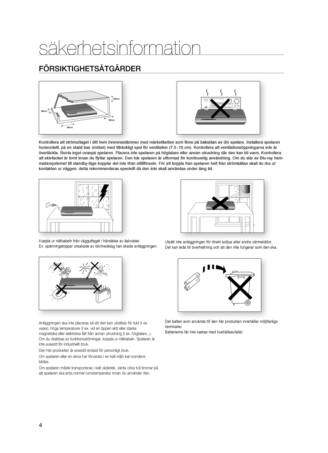 Samsung HT-TZ315R/XEE, HT-TZ212R/XEE, HT-TZ215R/XEE, HT-Z210R/XEE, HT-Z310R/XEE manual FÖRSIKTIGHETSÅTGäRDER 