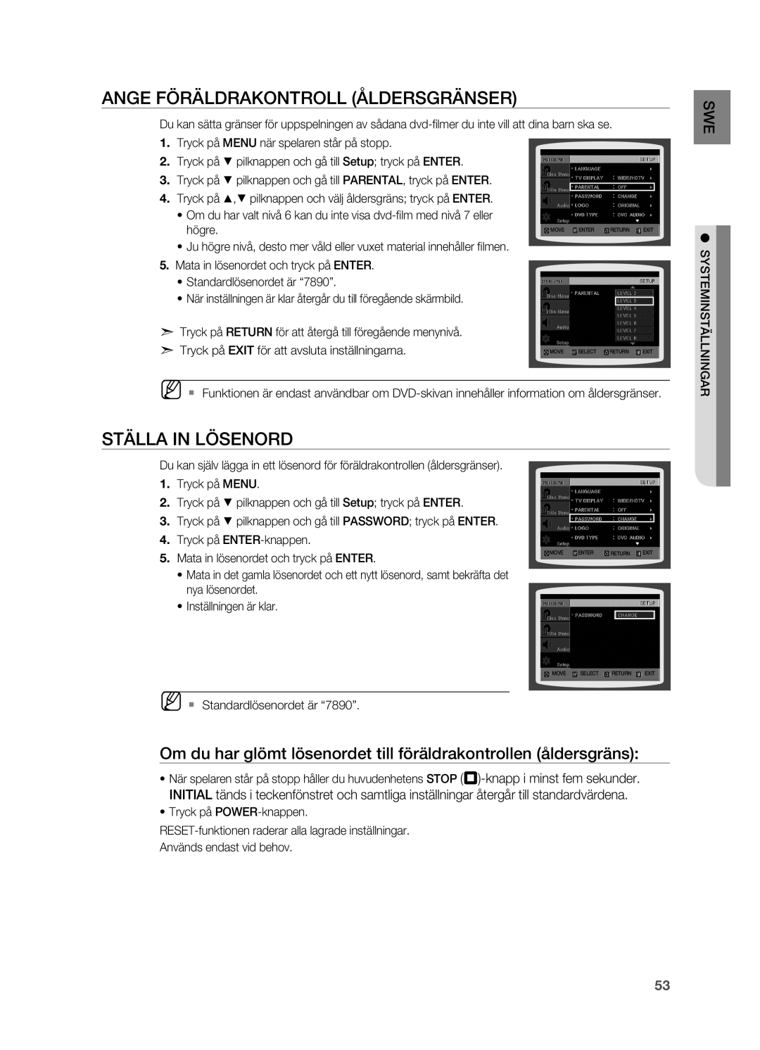 Samsung HT-Z310R/XEE, HT-TZ315R/XEE, HT-TZ212R/XEE, HT-TZ215R/XEE Ange föräldrakontroll åldersgränser, Ställa in lösenord 