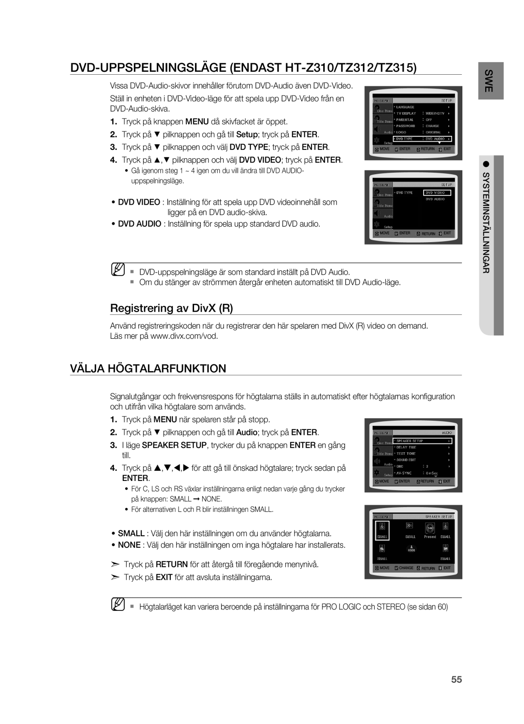 Samsung HT-TZ212R/XEE manual DVD-uppspelningsläge endast HT-Z310/TZ312/TZ315, Registrering av DivX R Välja högtalarfunktion 