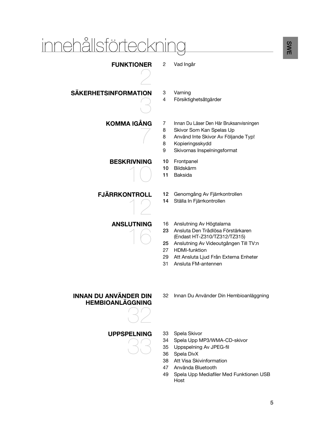 Samsung HT-TZ212R/XEE, HT-TZ315R/XEE, HT-TZ215R/XEE, HT-Z210R/XEE, HT-Z310R/XEE manual Innehållsförteckning 