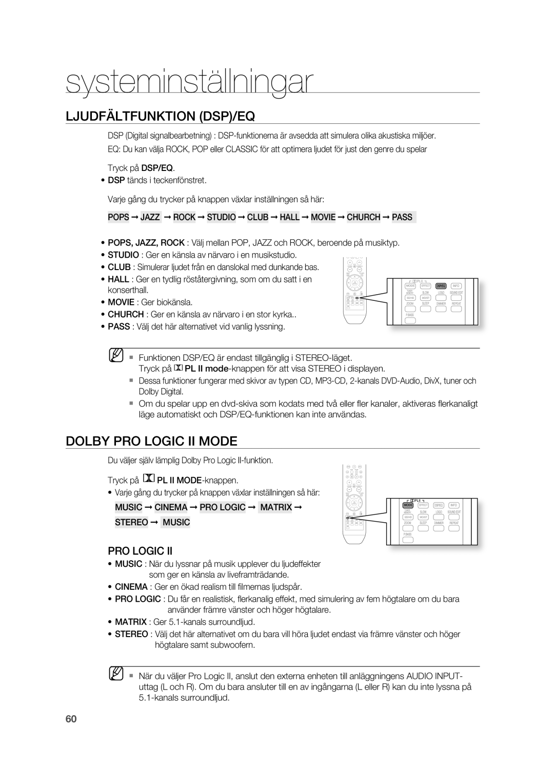 Samsung HT-TZ212R/XEE, HT-TZ315R/XEE, HT-TZ215R/XEE, HT-Z210R/XEE manual LjUDFäLTFUNKTION DSP/EQ, Dolby PRO Logic II Mode 